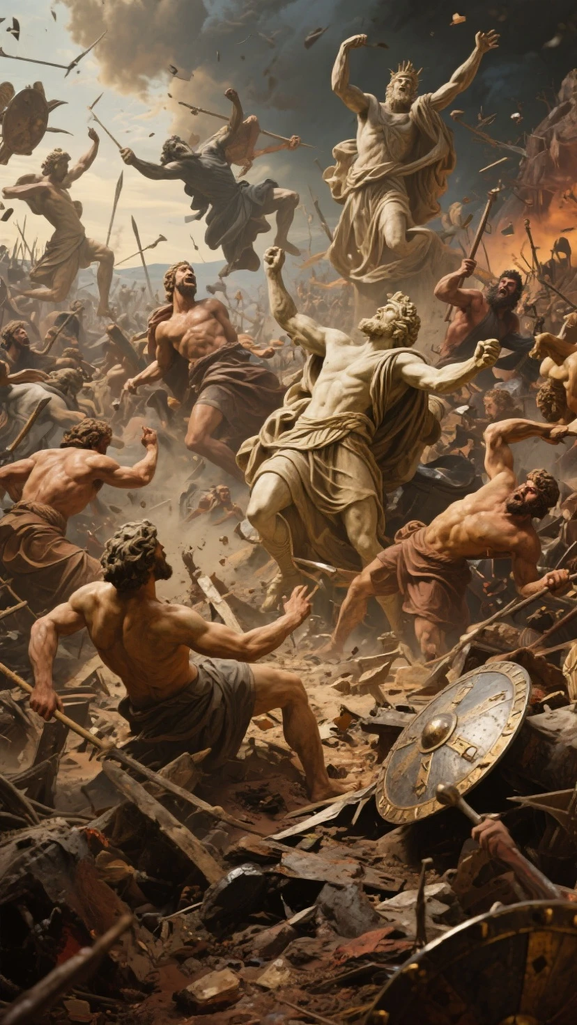 8k, high details, high quality, highres, UHD, masterpiece, oil painting effect, anti Christ fighting with Jesus in a futuristic city, 