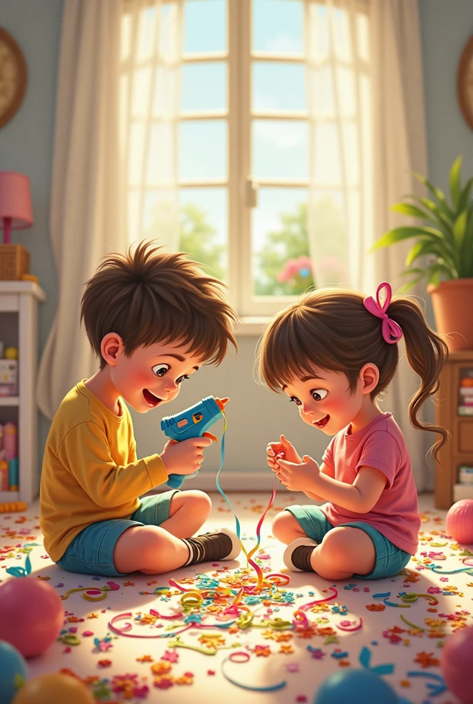 Two children sitting on the floor playing with yarn, Loish e Goro Fujita, lovely digital painting, childrens art in artstation, Cute detailed digital art, cyril rolando and goro fujita, children's book illustrations, adorable digital art, cute artwork, official fanart, Boy and girl,  cute storybook illustration，Foot orientation repair