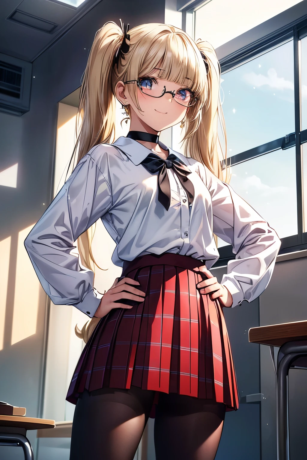 1girl, Baby face:1.5, cute:1.5, petite:1.5,
break
(school uniform : (white dress shirt) + (white and red plaid pleated skirt) + (Black Pantyhose) + (Shiny brown loafers) + (black thick framed intellectual glasses)):1.3,
((Blue Gemstone Earrings)), (black choker),
break
((blond hair:1.2), (blunt bangs:1.2), (twin tails : Bundle at a high position + Smooth Hair):1.2),
(((flat chest:1.2)), (slim body)),
((dark eyes:1.3), (droopy eyes:1.4), (eye highlight:1.2), (twinkling eyes:1.2)),
((thick black eyeliner:1.3), (thick bluish eyeshadow:1.3), (False eyelashes:1.3), (thin eyebrows:1.3), (glitter eyeshadow:1.3), (Under eyeliner:1.3)),
break
((noon, Brightly lit school classroom, blue sky)),
((standing by the window, place your hands on your hips, Proud and Confident 々pose to destroy)),
full body,
from below:1.1,
break
(blushing:1.3), (wicked smile:1.3),
break
Symmetrical Face, detailed face,
beautiful hair,
double eyelids, Thin eyebrows,
detailed eyes, beautiful eyes on my stomach, Shining Eyes,
glossy lips, beautiful lips,
detailed skin, beautiful skin,
break
(best quality), (master piece:1.3), (ultra detailed), (photorealistic:1.3), (highres), 16k, 1080P, Full HD, extremely detailed CG, realistic, anatomically accurate, anime, 2D,