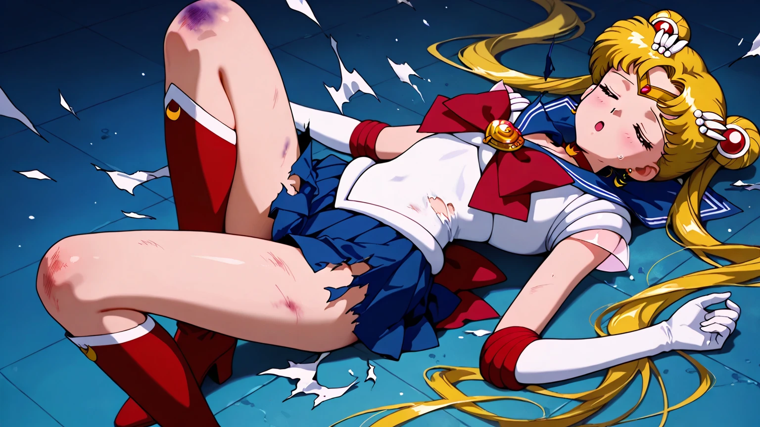 (((((angled view from under skirt, pussy fully visible, ))),masterpiece, best quality, (two girls and a boy), (Sailor Moon R),(Super Sailor Moon uniform), (blonde hair), (red long boots), (detailed face), small breasts, sexy vagina, white wall, (on bed), (bright room: 1.0), (tears in eyes: 1.0),(look of despair: 1.0), white gloves, detailed eyes, detailed face, (love hotel room),(lying on bed: 1.3), best quality, high resolution, (detailed and beautiful eyes: 1.3), highly (detailed face), (detailed CG), (perfect hands, perfect anatomy: 1.3),(on bed: 1.0),(short skirt:1.3), (skirt flipped up),(vibrant uniform),(red face),(naked lower body: 1.3), (inverted skirt 1.3), (perfect pussy: 1.3), (hairless pussy: 1.3), (crying face: 1.0),(tears in eyes: 1.0),(blood in vagina: 1.3),(being violated by a man: 1.0),(deep vagina: 1.3),(detailed vagina: 1.3), (spread legs: 1.3), (spreading legs: 1.3),(long ponytail),(pussy focus),(vagina with cum on it: 1.3),(lost virginity: 1.3),(tattered uniform: 1.3),(torn uniform:1.3),