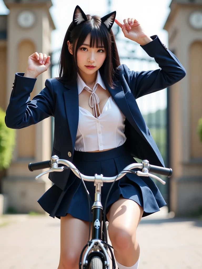 Ultra-high resolution，RAW Photos，Highly detailed skin and face，Highly detailed hair texture，Fine skin，Highly detailed eyes，Highly detailed lips，(((ride a bicycle+Straddle the saddle+Pedaling)))，Japanese girl，18-year-old，(Blue Blazer Uniform+Blue pleated mini skirt+White thigh-high stockings+White shirt+pumps），Sexy panties visible，(((Panty shot)))，Quite large breastodel Body Type，Perfect proportions，Looking shyly at the camera，A kind smile，Heal facial expressions，cute，Beautiful girl with a neat face，(Full body up to the toes)，High-quality portraits，Professional Lighting，16K quality