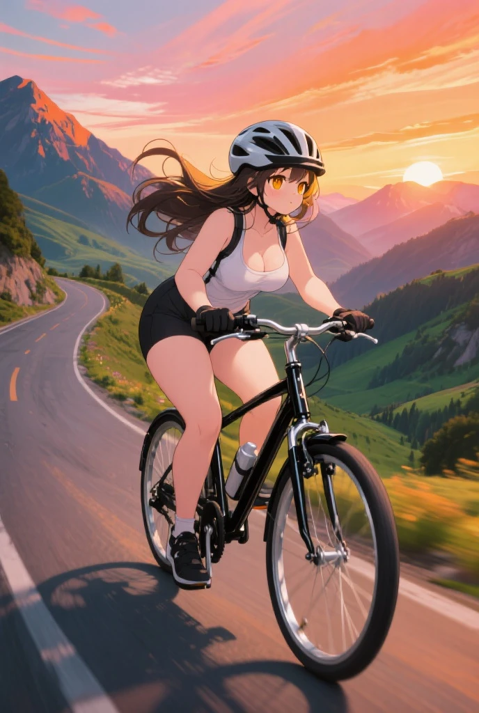 A beautiful girl riding a bicycle down a hill hat smile Wind Wind view