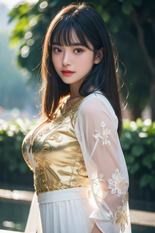 cute pretty girl, lovely và sexy;
Age from 18-20 years old;
ivory white skin, rosy and flawless, shiny;
red hair, smooth, shimmering under the sunlight, detail, shimmering under the bright sunlight, Wear a jade crown;
eyes are blue, mắt hình quả hạnh detail, sexy, youthful, trong trẻo, siêu detail, elegant, charming, trang điểm high solution, true, captivates viewers;
The girl&#39;s eyelids are very delicate, Perfect Beauty, Double eyelids;
Arched eyebrows, dear, high solution;
extremely beautiful face, pure, beautiful like a fairy, light makeup, lovely, Perfect balance, đẹp đến từng detail;
Beautiful nose, lovely, cao;
prominent cheekbones, sexy;
môi charming, Use light pink lipstick, son bóng lovely;
Bright smile, beautiful white teeth;
The girl&#39;s body is full of youth, Tighten clothes;
girl wearing necklace accessory, earring, bracelet, ngọc trai, diamond, gold and silver, gemstone, Emerald, Lapis lazuli, necklace, earrings, belt;
firm breasts and nipples, tight fitting bra, deep slits, raised knob;
mông nở nang, tight underwear;
((cơ thể phụ nữ cực kỳ hoàn hảo));
mesh bra, metal thread, shiny, pearl-encrusted metal bikini;
shiny underwear, Multi-color random;
((Golden armor engraved with dragon scale motifs));
High fashion style, Modern 2024, luxurious;
Masterpiece of non-NSFW photo quality, 8K CG HD, high solution, Super nice graphics, professional, detail, colourful, ultrafine, advanced techniques, RAW true, High resolution, ((Face focus));
The light has complex color combinations, Use black gold rays;
sparkling sunlight, illuminate the girl&#39;s body, make hair shiny;
The background has beautiful flowers and leaves, thanh tao, pure;
Colorful film art, visual attraction;
((The girl stood in front of the ancient temple yard, Large bronze Buddha statue, Large, shiny gold bell));