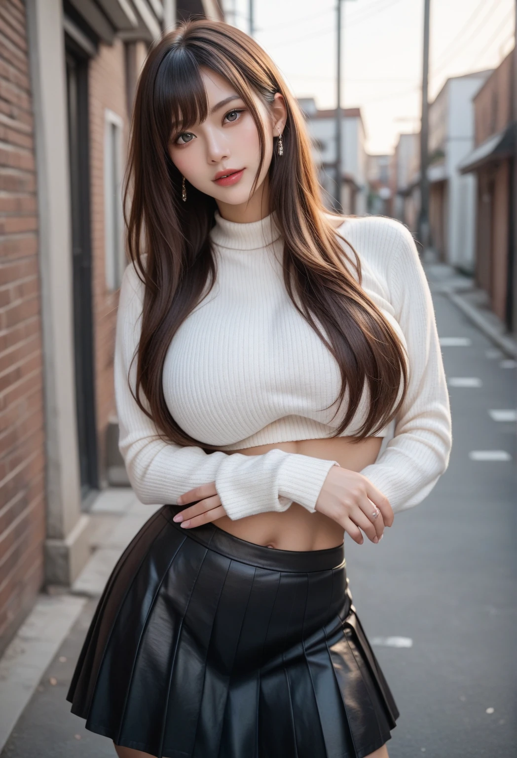 masterpiece, best quality, ultra detailed, high quality, detailed, hyper detailed, insanely detailed, exquisite, beautiful, 8K, absurdres, highres, 4K, a girl, smiling, hands on head, looking at viewer, long hair, bob, brown hair, tareme, droopy eyes, shiny skin, detailed skin, detailed face, glamorous, voluptuous, beautiful breasts, beautiful ass, curvy, (idol, off shoulder, mini skirt, boots:1.3), delicate facial features, cute face, japanese idol, curvy, 20-year-old, japanese, on the street, ultra realistic photo, raw photo, photorealistic, real person, nsfw, cowboy shot, from below, depth of field, cinematic lighting, sharpen