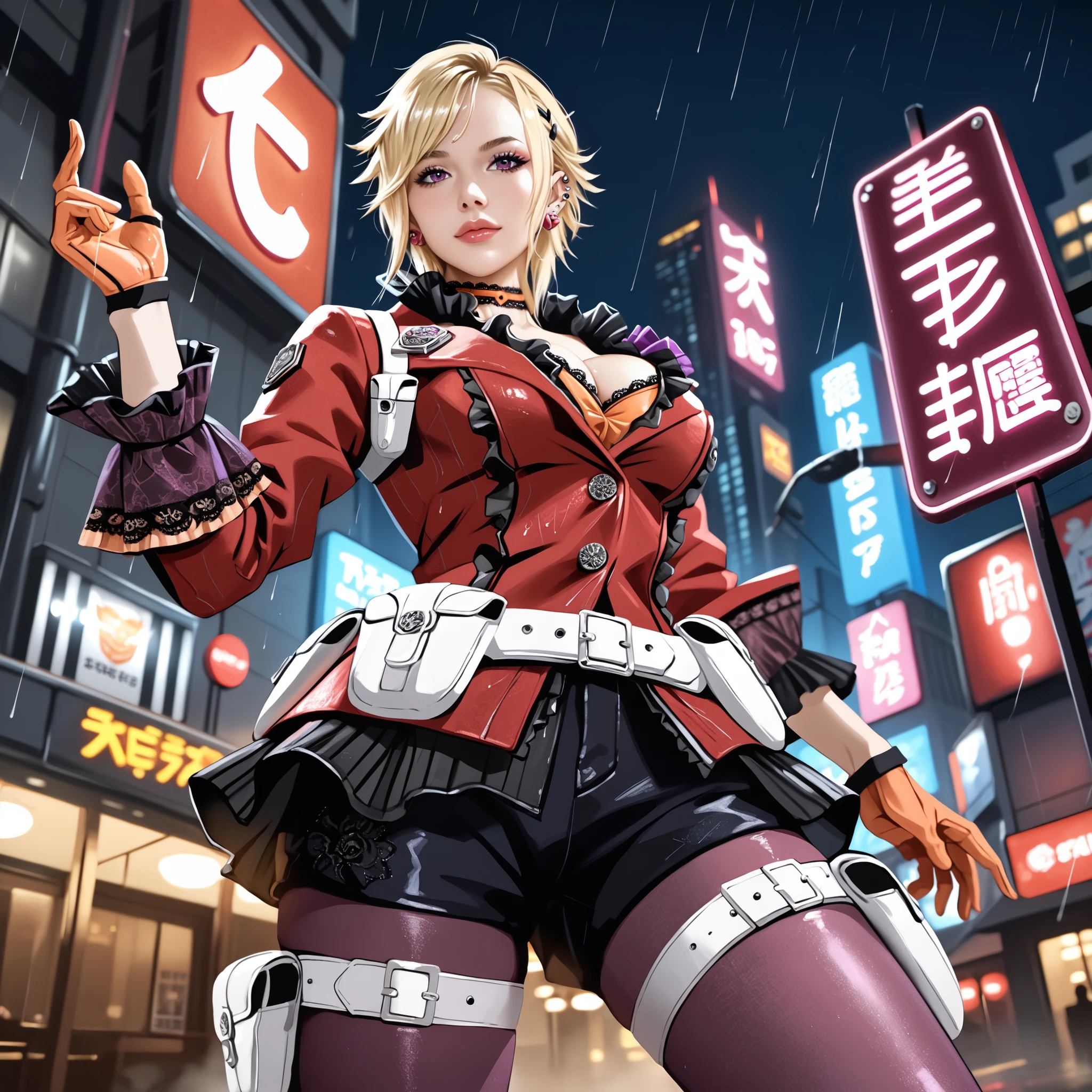 score_9, defMilady, short hair, purple eyes, big breasts, big ass, ear piercing, earrings, frilled choker, red jacket, cleavage on breasts, long sleeves, frilled sleeves, half gloves, orange gloves, white belt, belt pouch, black miniskirt, black shorts, purple pantyhose, thigh pouch, boots, parading in a sexy way, sexy pose, sexy expression, dynamic pose, foreshortening, extreme perspective, view from below, futuristic cyberpunk city, neon signs, lonely place, night, raining, photorealistic, high quality, detailed