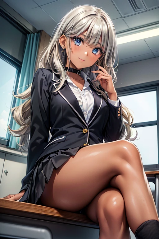 ((Perfect Anatomy:1.2,Realistic:1.3,RAW Photos:1.3,masterpiece、highest quality、Ultra - High resolution、High resolution、Highly detailed CG、8k)),Cowboy Shot. 1 female,alone,18-year-old、high school girl,beautiful girl,Japanese,((Beautiful and graceful face and eyes:1.2,Big beautiful eyes:1.3,)),blonde,Twin tails,(Center parted hair:1.4,amount),Small Head:1.3,(Provocative smile),thin,((Dark brown skin:1.4)),(Oily skin,Glowing Skin,Shiny skin,(school uniform、Dark blue blazer jacket、Checkered pleated mini skirt,White long floppy socks:1.5,Black Loafers),(Show viewers white panties),((Sit with your right knee upright)). The background is a dirty back alley、((dark)),((night))、Tokyo.