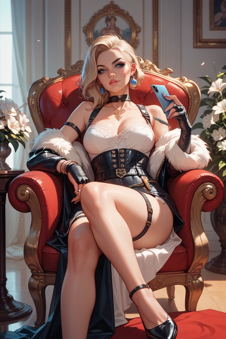 2girl, short white hair, blue eyes,sexy, city, absurdres, high res, ultrasharp, 8K, masterpiece, big boobs,, sitting on a throne and looking downward, cool face, and disgust expression, view from below