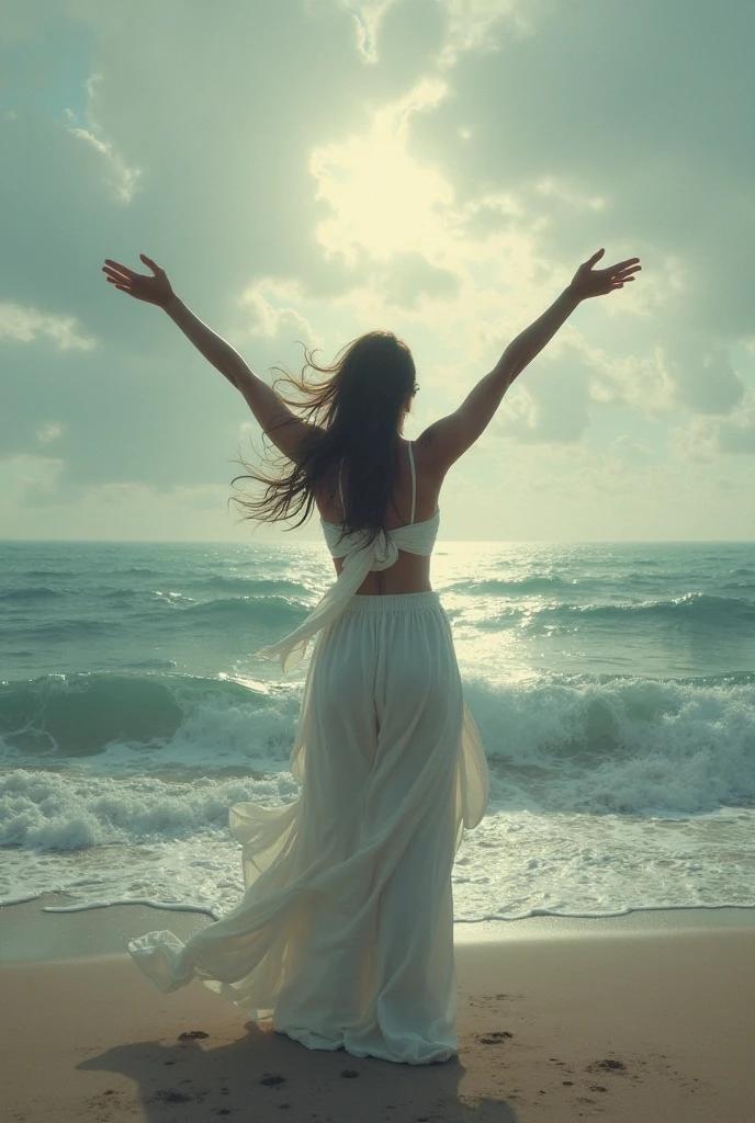 Woman in a colorful dress standing on a stone wall by the sea, Mulher de 30 anos de Cuba, with sunset, Karla Ortiz, Alanis Guillen, in the sunset, in the sunset, inspired by Gina Pellón, posando em uma praia com o oceano, Directed by: Andrée Ruellan, by Gina Pellón