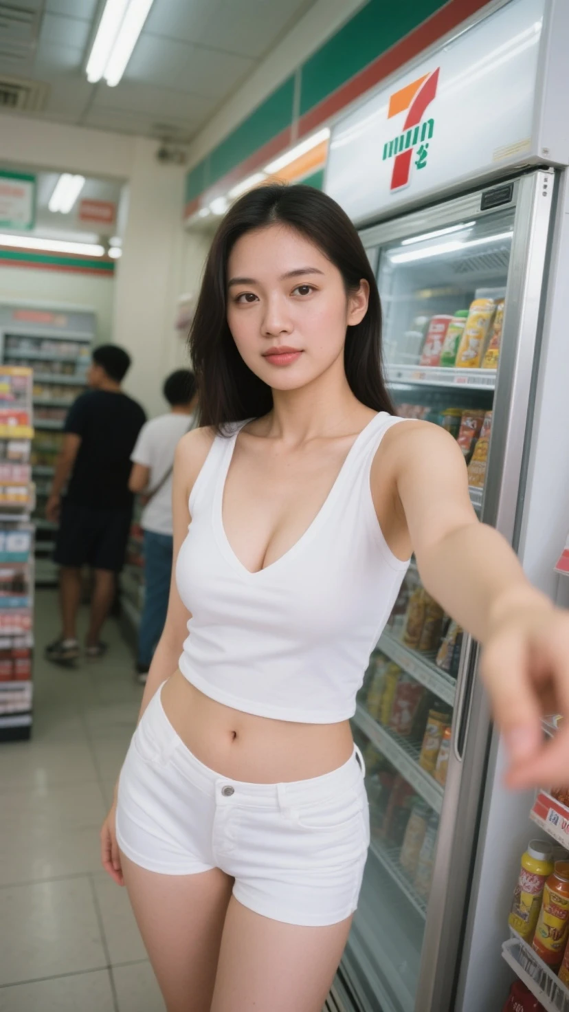 extreme close-up of beautiful korean female, 34 inch breasts size, wearing black t-shirt, holding cola can, standing beside vending machine, UHD