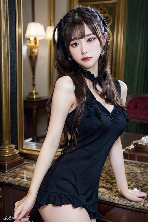 ((Luzes Realistas、top-quality、8K、tmasterpiece:1.3))、Clear focus:1.2、girl vs.、perfect body figure:1.4、Slim abs:1.1、((dark brown  hair、The large:1.3))、(Accelerate:1.4)、Luxury hotel lounge in background、There are lights outside、off and on、((tall:1.4))、((rosto magro、Squinted eyes:1.4))、((hairlength:1.4))、二重まぶた、a closed mouth、Swaying hair、Exposed cleavage、(Clear pubic hair, Sophisticated and luxurious slit dress:1.2、mini-skirts、No bra wearing:1.5)、a necklace、Navel ejection、