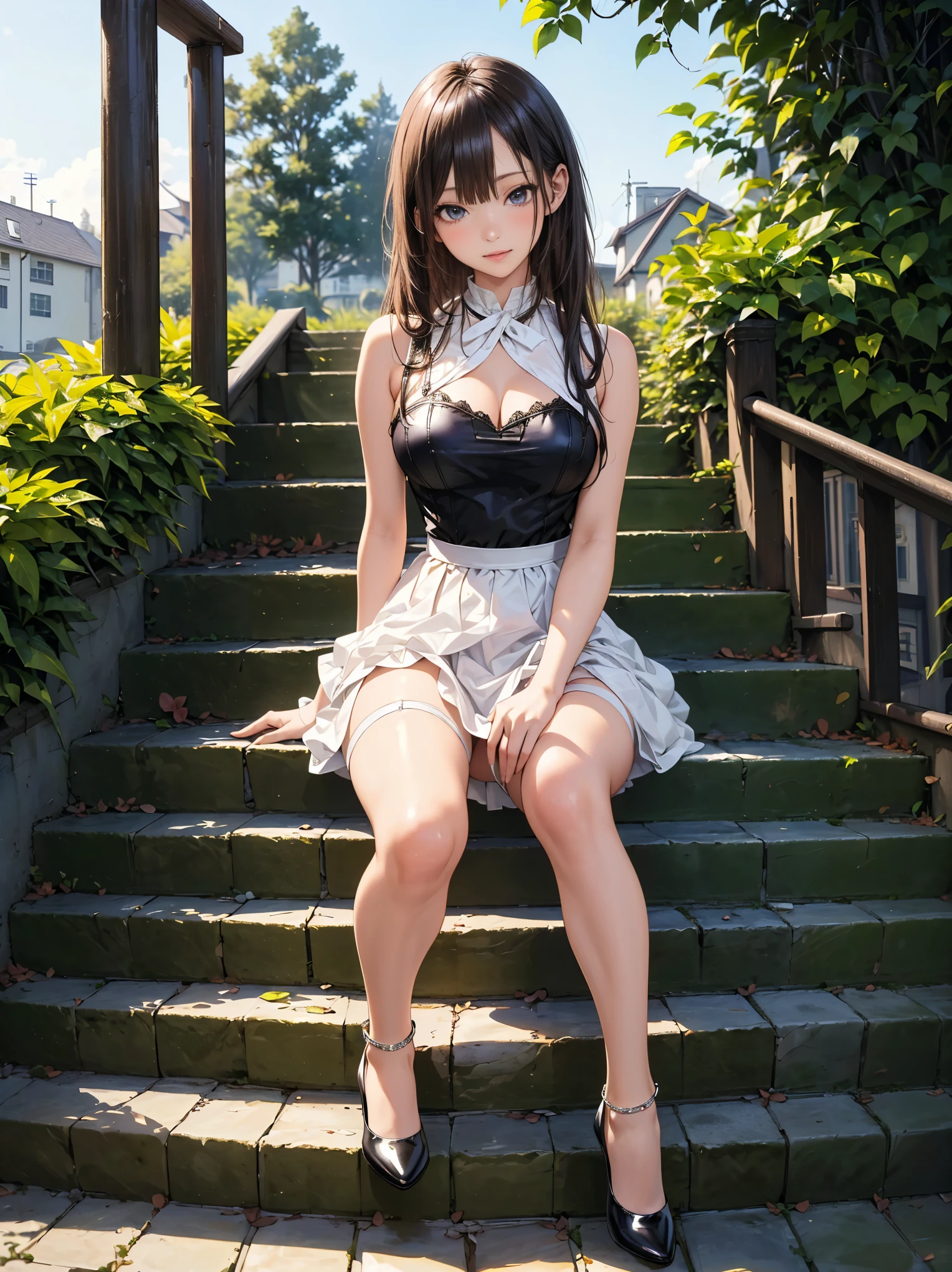 (eyes realistic sizing, drooping eyes), (showing off her super detailed drawing luxury panties with white lace), she has pubic hair, crouching, jumping-dress, spread her legs, outside,