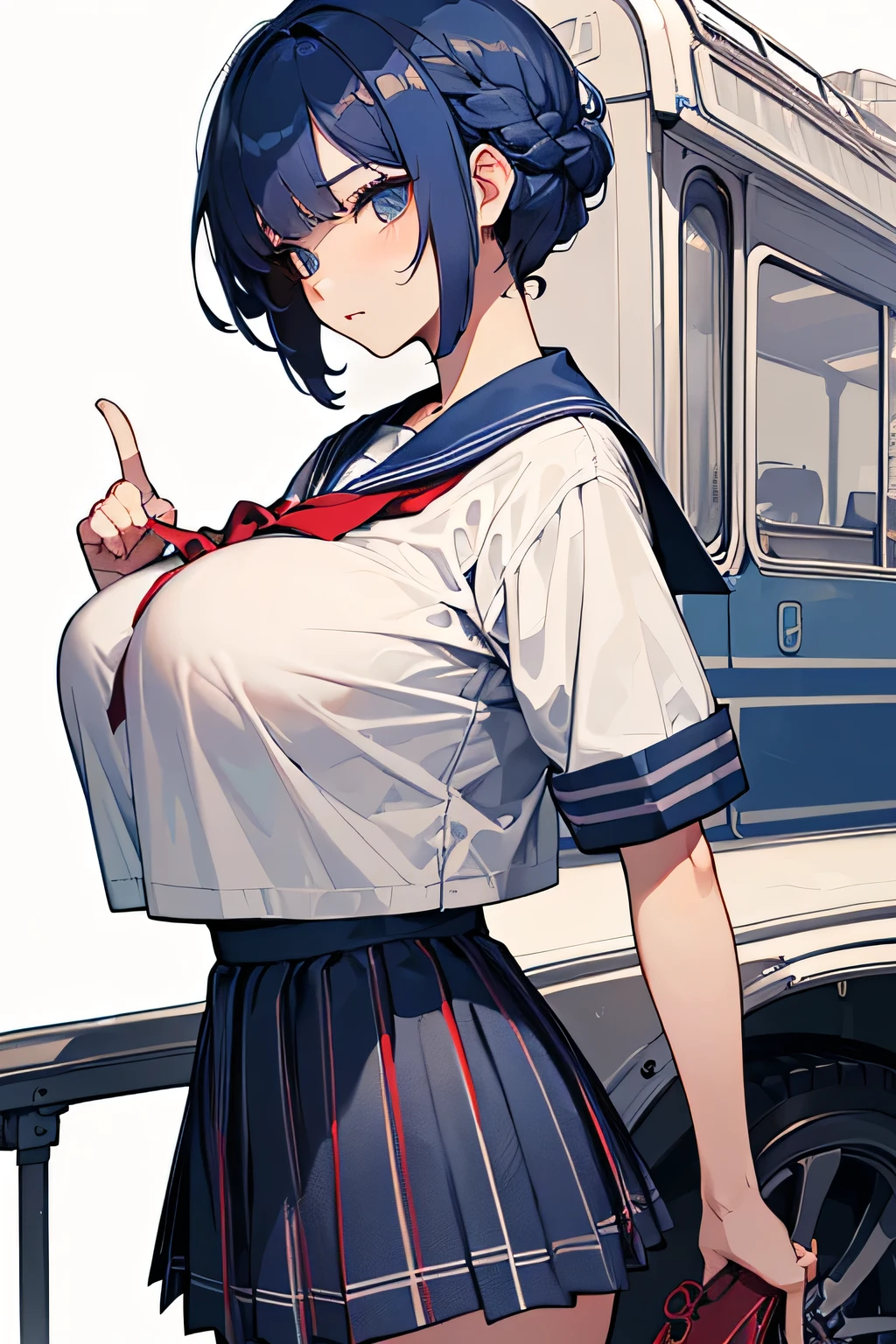 Highest Quality、high image quality、masterpiece、Detailed Background、(very detailed face:1.3)、(detailed eyes:1.3)、age beauty、(huge breasts:1.3)、is anatomically correct、(Normal number of fingers:1.3)、perfect body line、Bright-colored hair、braided bob hair、station platform、navy blue sailor suit、white sailor color、plaid pleated skirt、loafers、stockings、Cowboy Shot、
(station platformで電車を待つ少女:1.5)、(Take a close-up shot of sailor color from the side:1.5)、cute