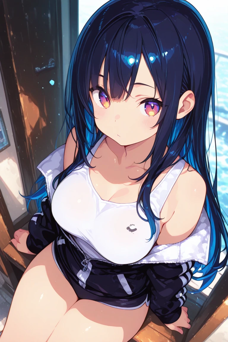 1girl, 18 year old female, Belle, Zenless Zone Zero, anime style, ultra realistic, high detail, sexy pose, sexy, beautiful, exposed skin, slender, skinny, exposed breast, large breast, nipples, exposed nipples, nude, nudity, absurdres, high res, ultrasharp, 8K, UHD, retina, masterpiece, accurate, anatomically correct, perfect anatomy, textured skin, super detail, high details, high quality, award winning, best quality, high res, looking at viewer, detailed eyes, four fingers and one thumb per hand, perfect hands, perfect finger, two arms only, no clothes, revealing, blue hair, green eyes