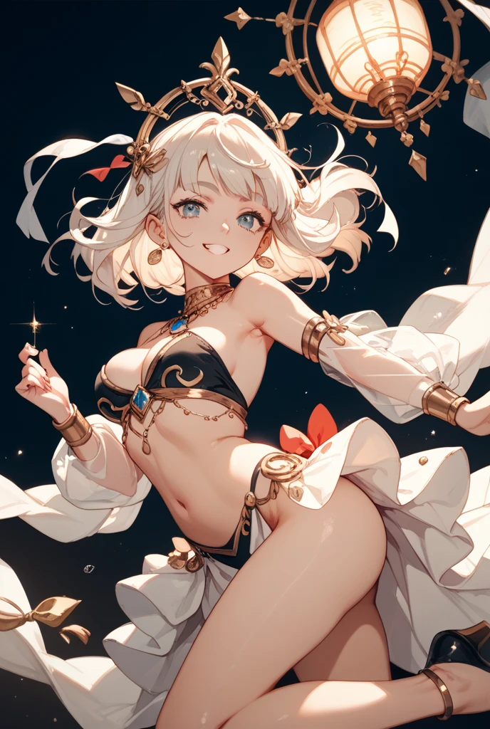 1girl, Angle from below:1.8, The girl bends forward to show off her breasts、legs apart, (Blade), (Tanned shiny black skin:1.6)、Glowing Eyes, ((Sexy evil grin)), (10 years old girl), blondes、Twin tails、forehead、Small breasts, hat, ((((arabian clothes, see-through)), (headband), (Areola Slip), small breasts, (jewelry)))、desert, ((sahara))、foot, ((focus foot))、(手を頭の後ろで組む), (crotch), (foot),((foot)), 足の裏、