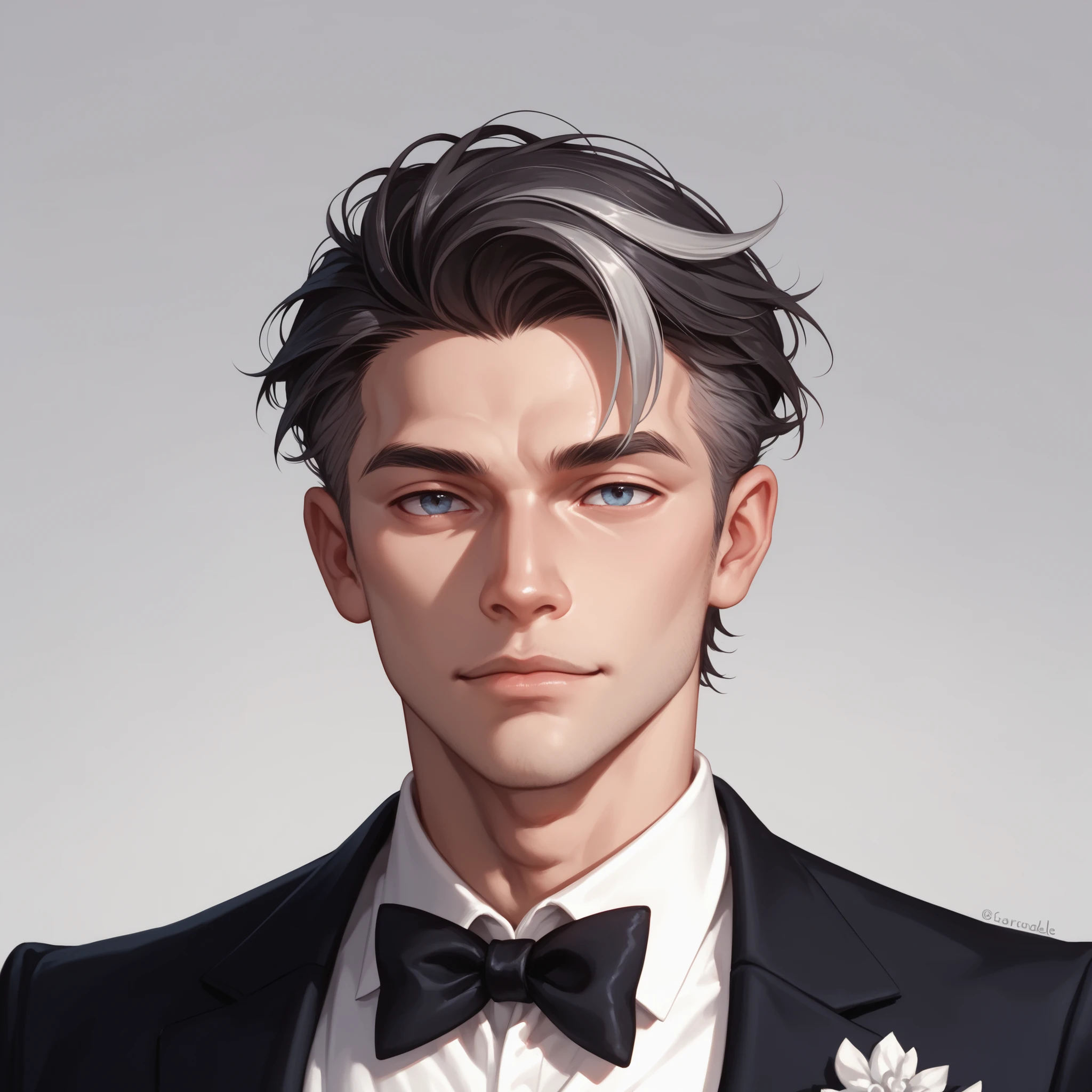 Close-up front view portrait of a man in a formal tuxedo at a high-stakes game, looking sophisticated and unreadable, dark hair with silver streaks, perfect posture, full head visible, dark plain solid color background.