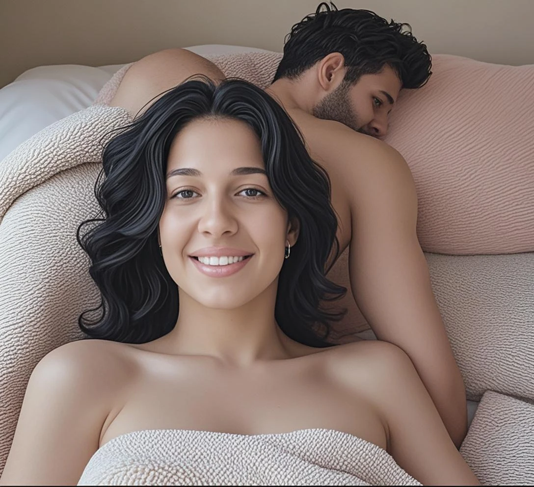 european couple, man age 50 , lying in a Futon Bed in sleeping room with woman, age 30, long black hair, bust size 36d, raw photo, cinematic material,full body view, wet body, wet hair, pubic hair, high detailed, 4k, masterpiece, widescreen,