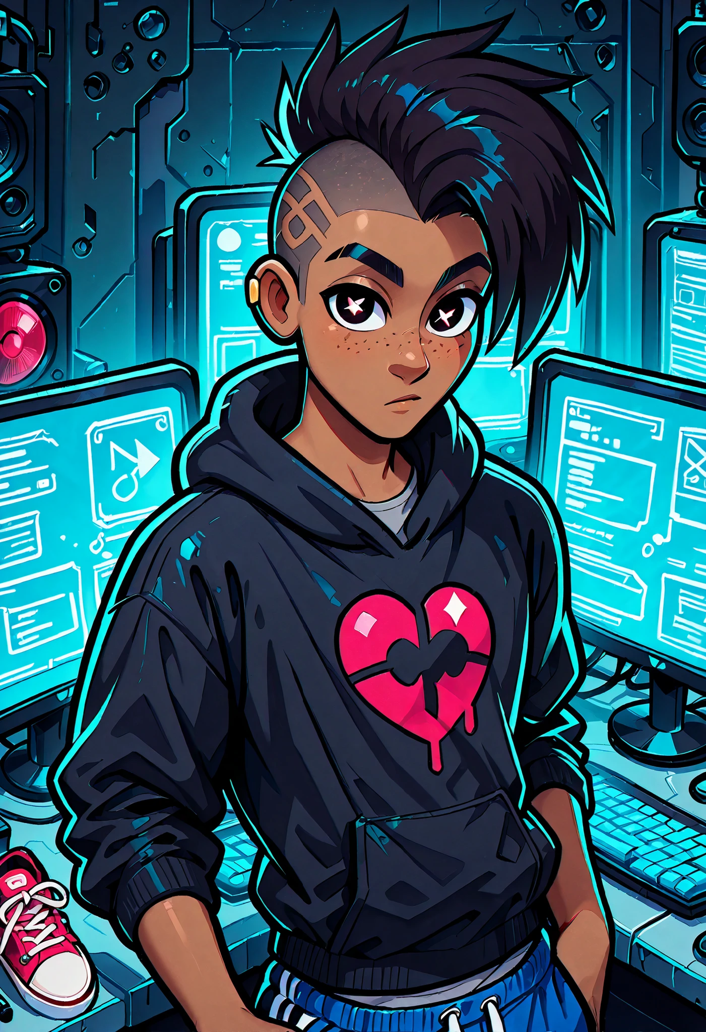 masterpiece, best quality, very aesthetic, absurdres, safe, (masterpiece), 1boy, mohawk, dark skinned African male, strong upper body, solo, best quality, expressive eyes, perfect face, newest, perfect anatomy, flawless face, black hoodie with hood being worn, baggy pants, visor, gray t-shirt with broken heart graphic, sneakers, looking at viewer, navy blue sweatpants, dimly lit, backlit, backlighting, in a fancy music studio, using the computer, digital lighting