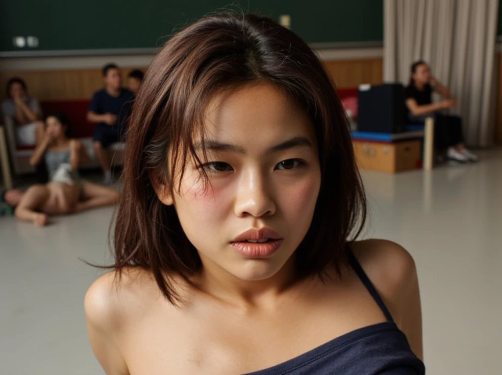 One korean girl, no clothes, no bra, nake, small pink nipple, tired face, surrounded by people