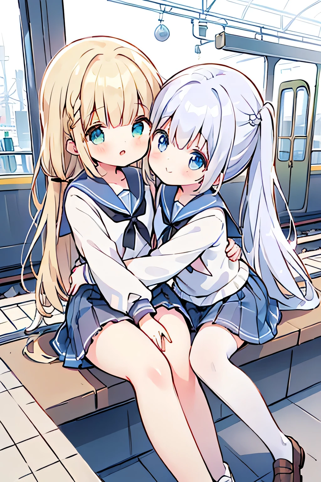 (8K, Highest Quality, Masterpiece:1.3)), Ultra HD, (2 Girls, Duo), (Color Changing Eyes, Super Detailed, Expressive Sparkle, Sparkling Eyes), Very Detailed Eyes, Very Detailed Face, Random Hair, (Silver Grey Color), Exposed, Side by Side, On All Fours, Sailor Uniform, (Cute Panties:1.3), (Blushing:1.3), Breathing, White Skin, Seductive, Cleavage, Wet Panties, Sandy Beach, Angle from Below, Sunset, Sweat on Thighs