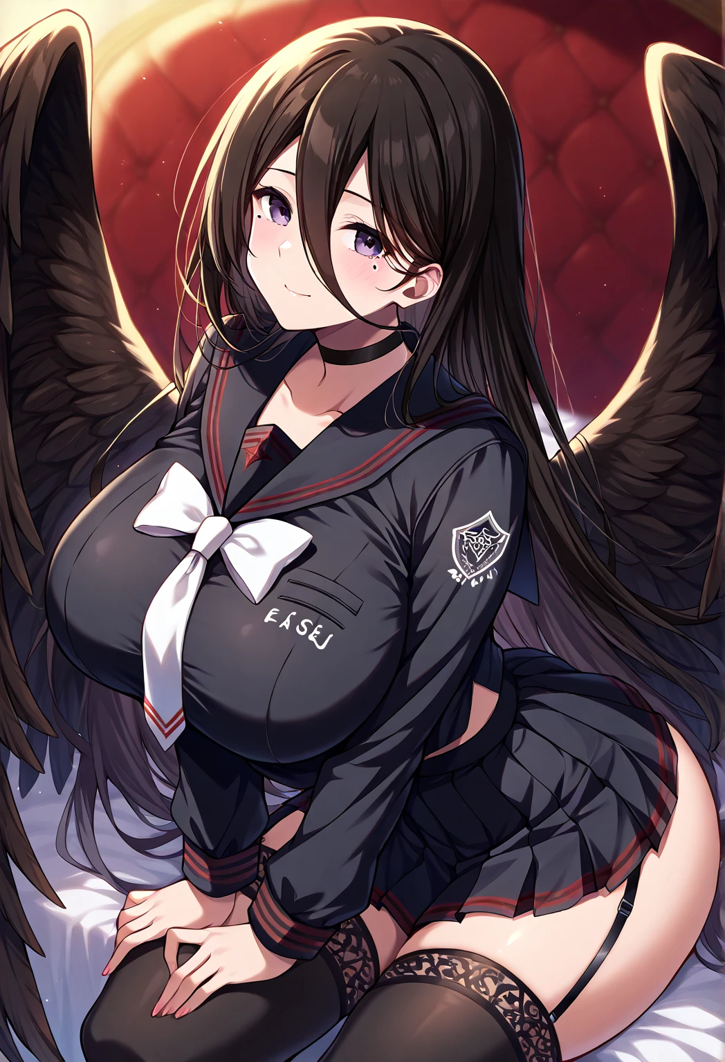 NSFW, masterpiece, best quality, ultra-high-detailed,1boy, 1girl, blush, open mouth, (Nose Blush:1,2), crying, (embarrassed, blush:1.3, ecstasy:1.5, slut:1.5, fucked silly:1.4), (cowgirl position:1.5), girl on top, hetero,
ichika ba, black choker, solo, grin, pleated skirt, gloves, red neckerchief, low wings, school uniform, halo, long sleeves, long hair, black hair, hair ornament, 1girl, black skirt, black serafuku, smile, black wings, sailor collar, hair clip, ((best quality)), ((very detailed)), masterpiece, absurdities, (detailed eyes, deep eyes), detailed pupils, bright face, sexy body, big breasts, narrow waist, medium hips, wide thighs, perfect hands, perfect anatomy,
pov, straddling, sweat, looking at the viewer,
heart-shaped boob challenge,