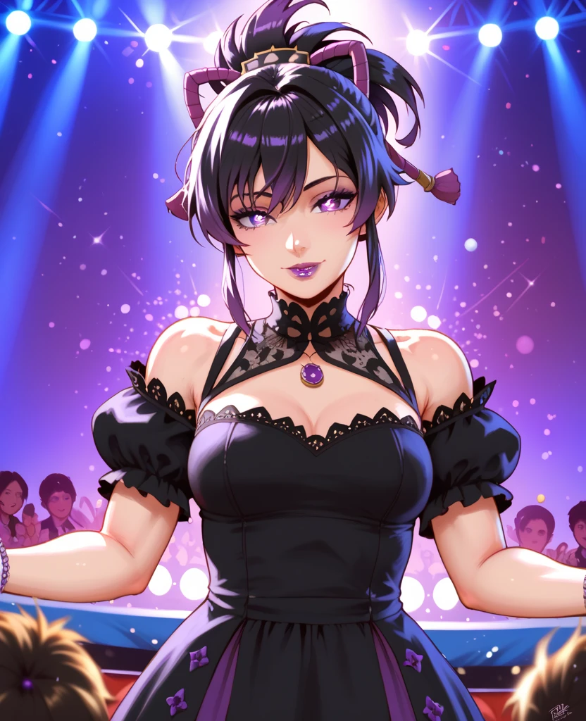 1girl, hoshino ai (oshi no ko), ornate ballroom, crystal chandeliers, sophisticated black evening gown with intricate beadwork, figure-hugging silhouette, subtle shimmer, waltzing pose, admiring onlookers, warm golden lighting, elegant updo hairstyle, pearl jewelry, masterpiece, best quality, absurdres
