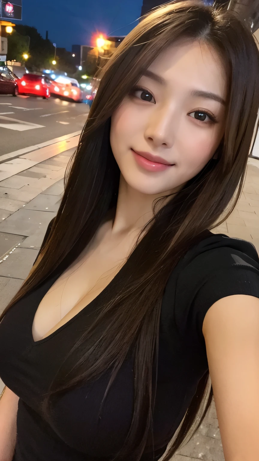 ((Best quality, 8k, Masterpiece :1.3)), 1girl, smiling, full body, slim face, Pretty woman, (Dark brown hair), full length dress :1.1, Ultra-detailed face, Detailed eyes, Double eyelid, blur background, slim face, city, outside, street,