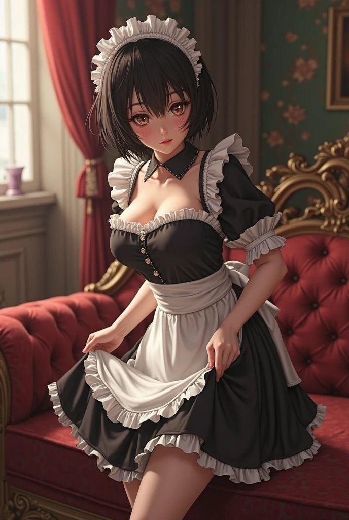 (masterpiece:1.3, top-quality, ultra high res, ultra detailed), (realistic, photorealistic:1.4), (natural side lighting, movie lighting), depth of fields, colorful, nsfw,
looking at viewer, 1 girl, maid, 20 years old, expressive eyes,perfect eyes, perfect face, (perfect anatomy), cute and symmetrical face, baby face,
(short hair:1.2, straight hair:1.2, brown hair), bangs, blue eyes, long eye lasher, (medium breasts), perfect balance, white skin, shiny skin, slender,
beautiful hair, beautiful face, beautiful detailed eyes, beautiful clavicle, beautiful body, beautiful chest, beautiful thigh, beautiful legs,
(detailed cloth texture, (closed clothes), black shirt, puffy sleeves, long sleeves, black long skirt, maid headdress, white glove),
(beautiful scenery), evening, (living room minimalist), sitting sofa, hand between legs, (look down on with disdain, innocent big eyes:1.0, open mouth small),