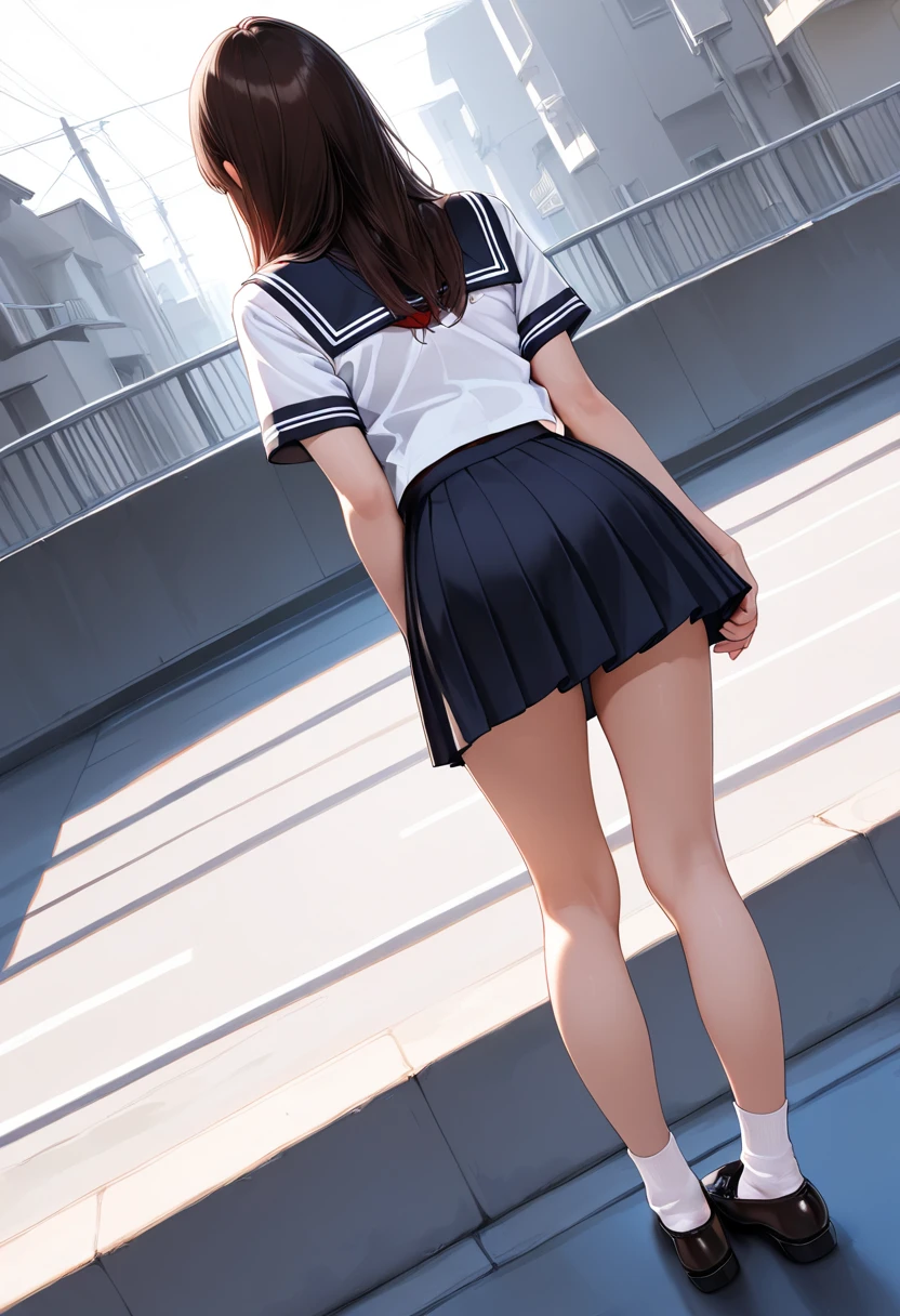 score_9, score_8_up, score_7_up, score_6_up, score_5_up, score_4_up, source_anime, aatomoyo, long hair, black hair, beret, white hat, straight bangs, purple eyes, small breasts, serafuku, white sailor collar, white scarf, black shirt, long sleeves, pleated skirt, white skirt sideways, field, sunset, wind, standing, cowboy shot, from behind, on all fours with her ass up, sexy position,