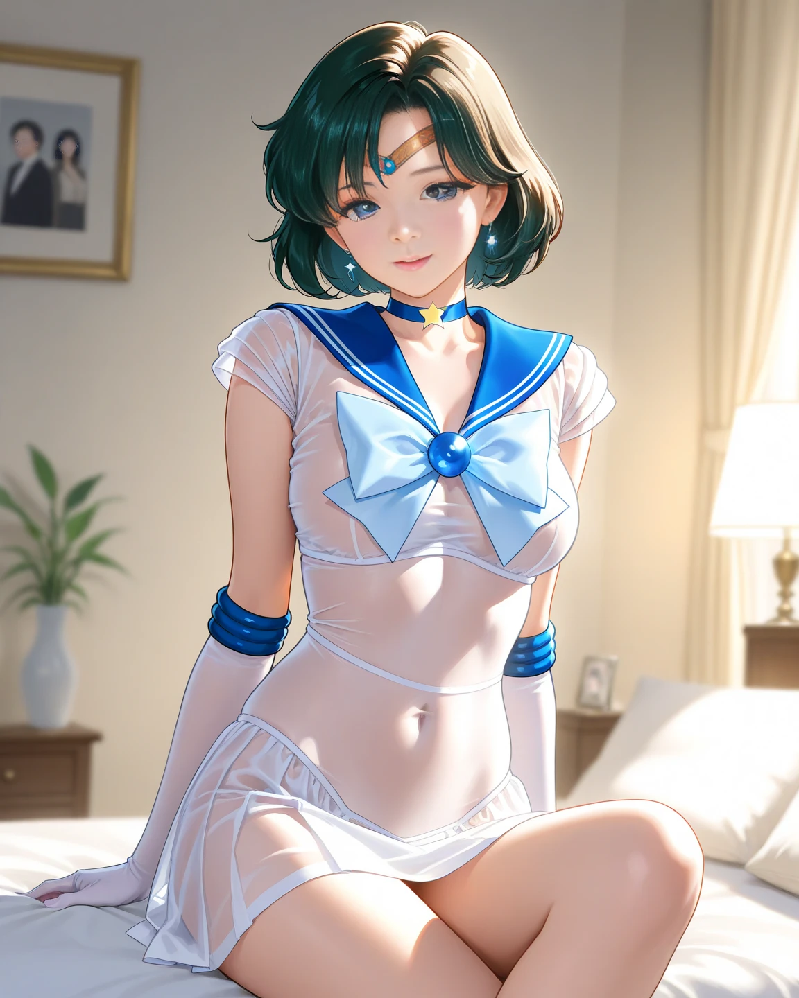 NSFW (Highest quality:1.1), (masterpiece:1.4), (Absurd:1.0), Cool look, close, 1 , {Sailor Uranus} Sailor Warrior Uniform, Sailor collar, Chest Bow, Yellow ribbon, Pleading Skirt, White elbow gloves Aqua Eye, Blonde Hair Erect nipples {{{{{topless}}}}}++ Bedroom Mood lighting (blush:1.2)