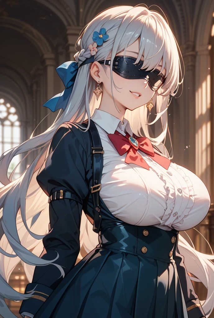 <lora:dishwasher1910_style:1>dishwasher1910 style, white background, black gloves, blue dress, 1girl, upper body, long hair, black blindfold, ponytail, blindfold, cleavage, open mouth, simple background, solo, bare shoulders, large breasts, white hair