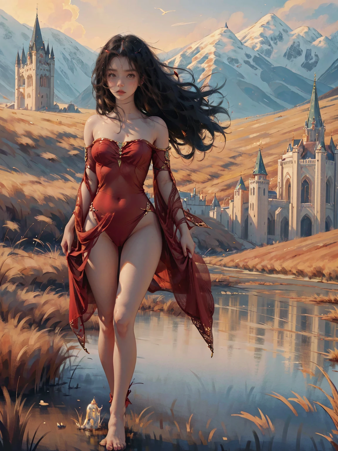 ((aeolian)), 1 ((young)) girl with a beautiful face and green eyes, Princess, ((wearing thong)), very long black hair, fantasy castle landscape, bare feet, full body view, view from side, wearing golden anklets, wet skin, raining weather, casting magic, standing in a puddle