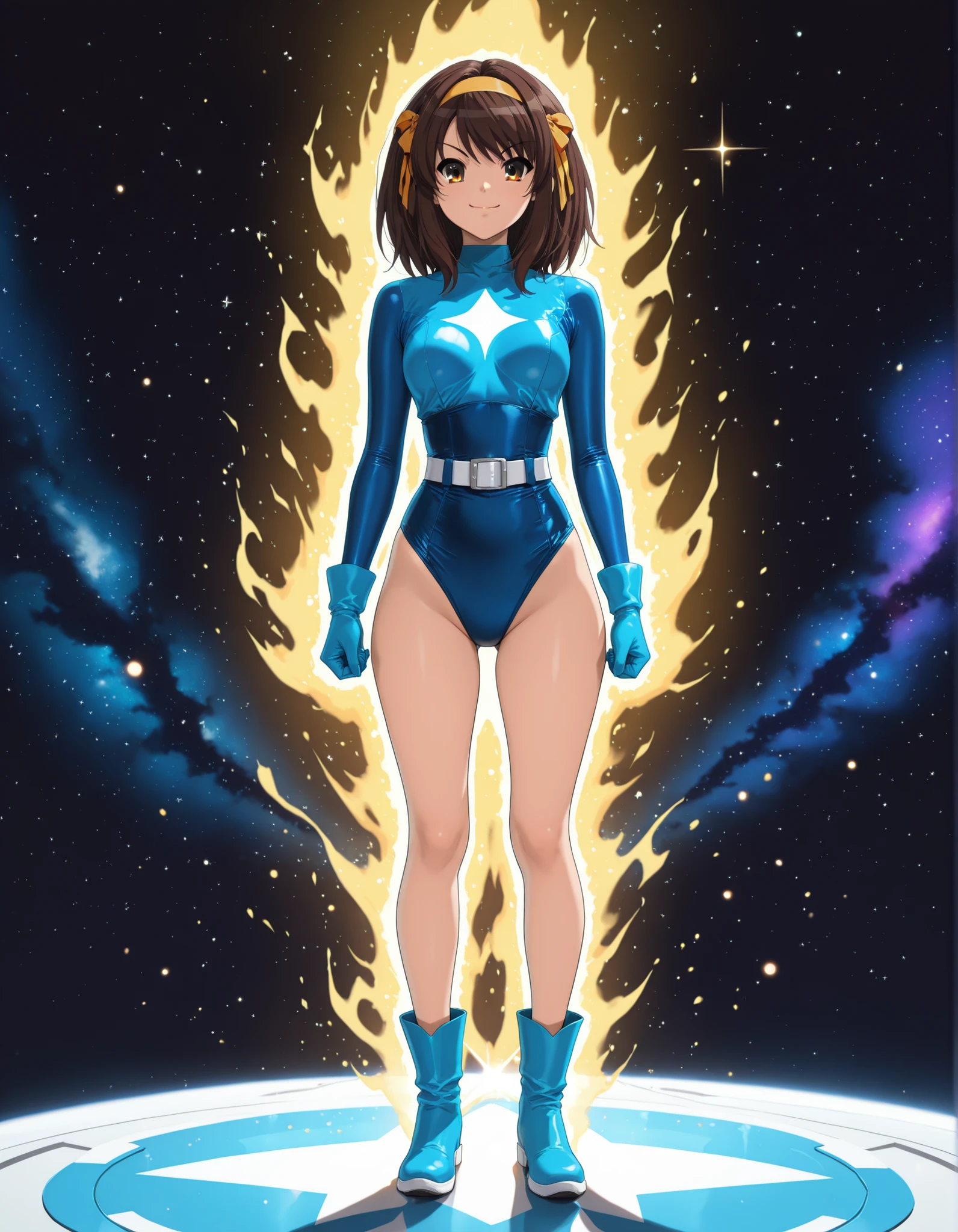 Masterpiece, best quality, high res, 8k, solo, solo focus, 1girl, sysdeep_haruhi, suzumiya haruhi as a superhero, (blue highleg leotard with white accents), (high waisted belt:1.4, tight belt:1.4), (bare legs:1.4), matching gloves, (matching boots, blue ankle boots:1.2), smile, standing straight, (her body glowing with a yellow aura:1.2), space background, diffraction spikes, light particles, fix hands, using her superpowers