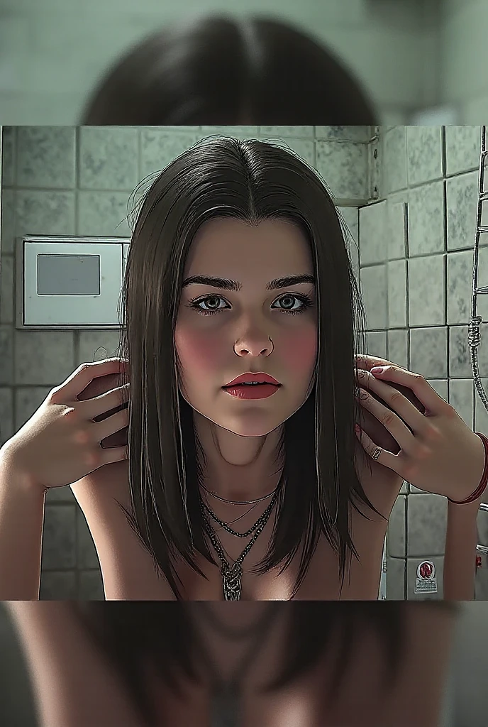 IsabelaKeyes, black hair, long hair, jewelry, earrings, topless, visible breasts, nipples, pants, looking at viewer, seductive smile, 
inside a shopping mall,bathroom stalls, hands on hips, dark, night, extreme detail, masterpiece,  <lora:IsabelaKeyes:.6>