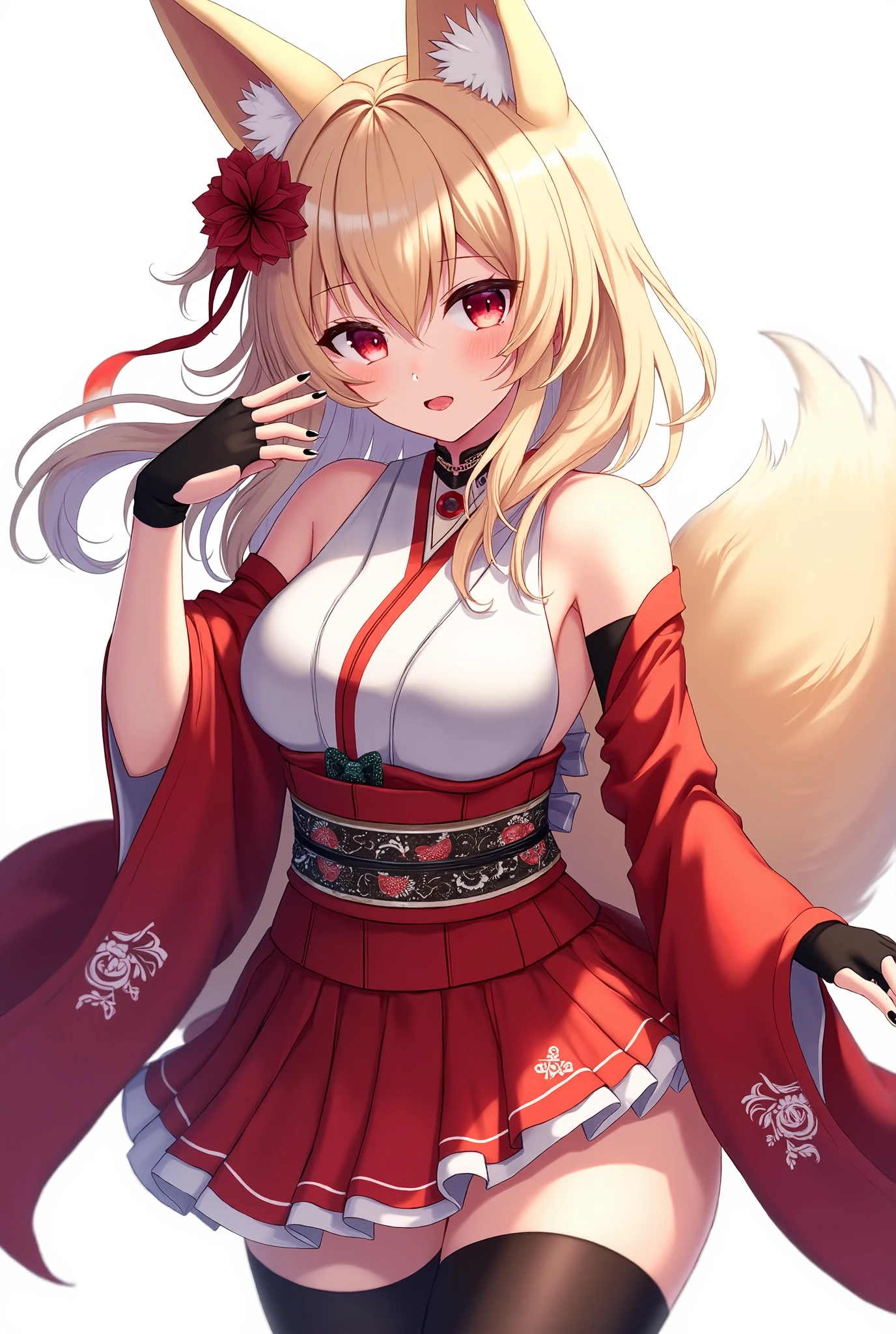 ((Masterpiece, Best Picture Quality, High Quality, Super High Quality, Depth of Field, 4K, 8K High Quality)),(masterpiece, HD, 2k, high resolution) sexy anime girl,girl in anime outfit in red and white outfit and kimono holding both hands together, 1girl, black nails, solo, breasts, animal ears, gloves, tail, japanese clothes, fox ears, multicolored hair, thighhighs, sideboob, tongue out, tongue, fingerless gloves, detached sleeves, black hair, black gloves, looking at viewer, fox tail, white kimono, black thighhighs, long hair, obi, wide sleeves, tassel, kimono, nail polish, red hair, sash, flower knot, hair ornament, cowboy shot, zettai ryouiki, large breasts, animal ear fluff, fox girl, :p, bare shoulders, long sleeves, floral print, rope, hand up, blush, bangs, white background