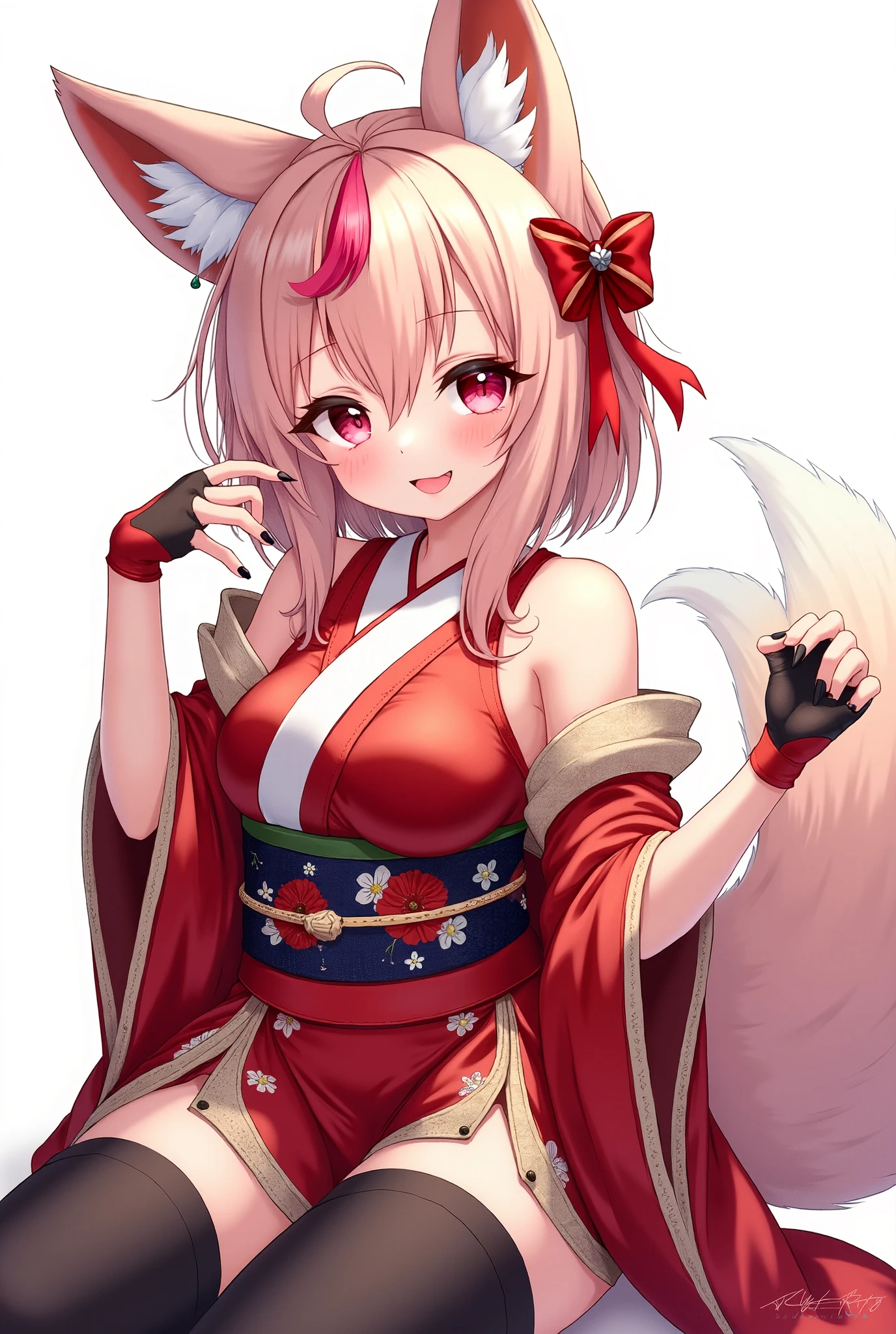 ((Masterpiece, Best Picture Quality, High Quality, Super High Quality, Depth of Field, 4K, 8K High Quality)),(masterpiece, HD, 2k, high resolution) sexy anime girl,girl in anime outfit in red and white outfit and kimono holding both hands together, 1girl, black nails, solo, breasts, animal ears, gloves, tail, japanese clothes, fox ears, multicolored hair, thighhighs, sideboob, tongue out, tongue, fingerless gloves, detached sleeves, black hair, black gloves, looking at viewer, fox tail, white kimono, black thighhighs, long hair, obi, wide sleeves, tassel, kimono, nail polish, red hair, sash, flower knot, hair ornament, cowboy shot, zettai ryouiki, large breasts, animal ear fluff, fox girl, :p, bare shoulders, long sleeves, floral print, rope, hand up, blush, bangs, white background