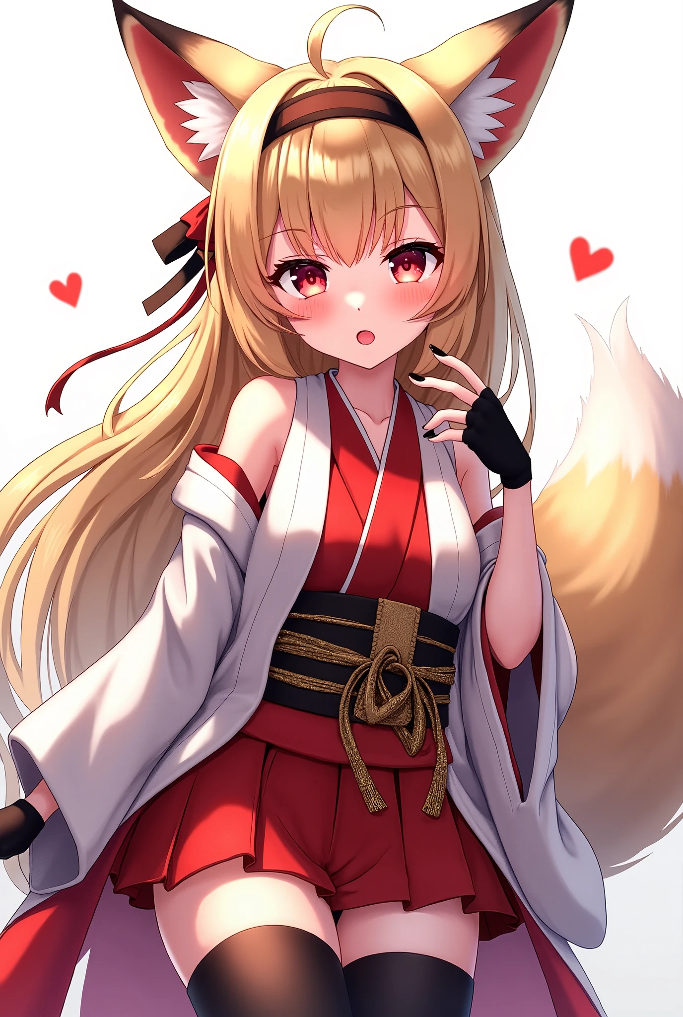 ((Masterpiece, Best Picture Quality, High Quality, Super High Quality, Depth of Field, 4K, 8K High Quality)),(masterpiece, HD, 2k, high resolution) sexy anime girl,girl in anime outfit in red and white outfit and kimono holding both hands together, 1girl, black nails, solo, breasts, animal ears, gloves, tail, japanese clothes, fox ears, multicolored hair, thighhighs, sideboob, tongue out, tongue, fingerless gloves, detached sleeves, black hair, black gloves, looking at viewer, fox tail, white kimono, black thighhighs, long hair, obi, wide sleeves, tassel, kimono, nail polish, red hair, sash, flower knot, hair ornament, cowboy shot, zettai ryouiki, large breasts, animal ear fluff, fox girl, :p, bare shoulders, long sleeves, floral print, rope, hand up, blush, bangs, white background