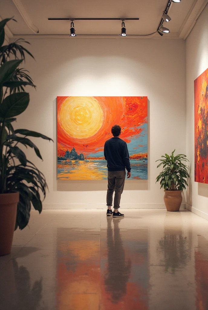 There is a young man in front of a wall of paintings, parede cheia de pintura em braco, parede de arte, arte sem cor, sen nem uma imagens,