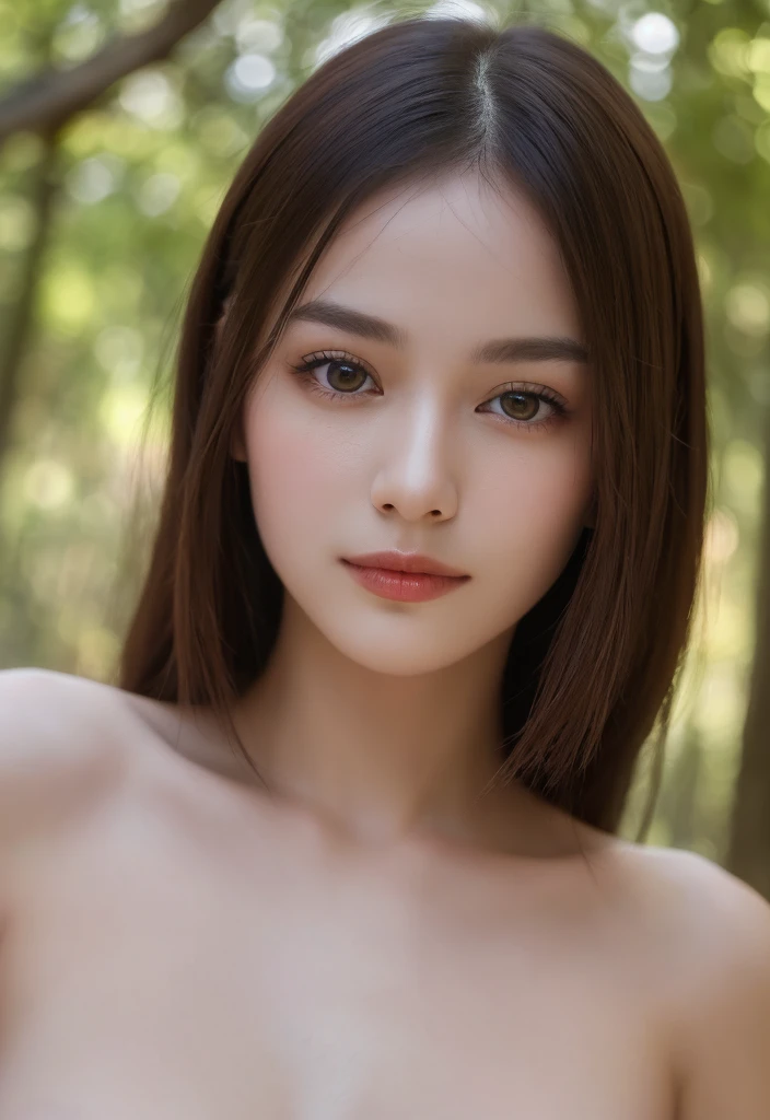 young girl, 32C breasts, cinematic, The portrait showcases a young (topless:1.6) with a shy and innocent demeanor, hazel eyes, sensual slim face, big lips, topless, white panties, Her hair is styled sleek and straight, elegantly framing her face with adorable long straight hair .Her face is illuminated by gentle lighting, highlighting her delicate features. The girl's eyes sparkle with a hint of curiosity and her lips form a subtle, shy smile. The background consists of a ourtoor nature autum scenery muted and warm-toned setting, providing a calm and serene atmosphere. The composition focuses on the girl's face, capturing the intricate details of her flawless skin, The overall image exudes a sense of tranquility and captures the innocence and gentleness of youth