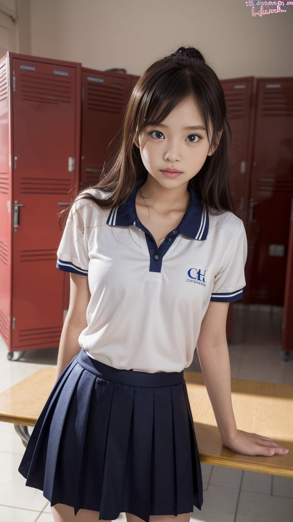Japanese、high school student、18-year-old、Medium build、Beauty、Facing Forward、Kind eyes、Uniform eyes、He is wearing a short-sleeved navy blue polo shirt.、She is wearing a tight long grey skirt.、Sit on a chair、Put your hands behind your back、((Her white underwear is visible between her skirt and legs.))、(Wearing white panties)、She is facing the camera with both knees together.、Anatomically correct body、, Black Hair, Hair that falls over the shoulders, Straight hair, Expressive hair, Shiny Hair, Parted bangs, Captivating smile, Surrealism, Verism, Cinema Lighting, reflection light, First-person view, Nikon, F/1.2, 超High resolution, masterpiece, Textured skin, Attention to detail, Awards, Highest quality, High resolution, 8K, Super detailed