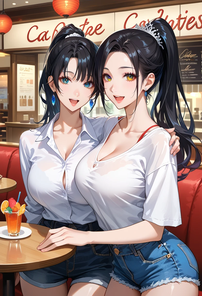 High resolution, high quality, 2 girls, anime girl, dark blue hair,ponytail,long hair,dull bangs, dark blue eyes,closed one eye,clenched teeth,[[pale skin]],Glossy skin, big breasts,beautiful breasts,(big ass),beautiful butt,pink high leg water wear,sitting,arm behind head,(lemon juice),(orange juice),(peach juice),(water),at the cafe,