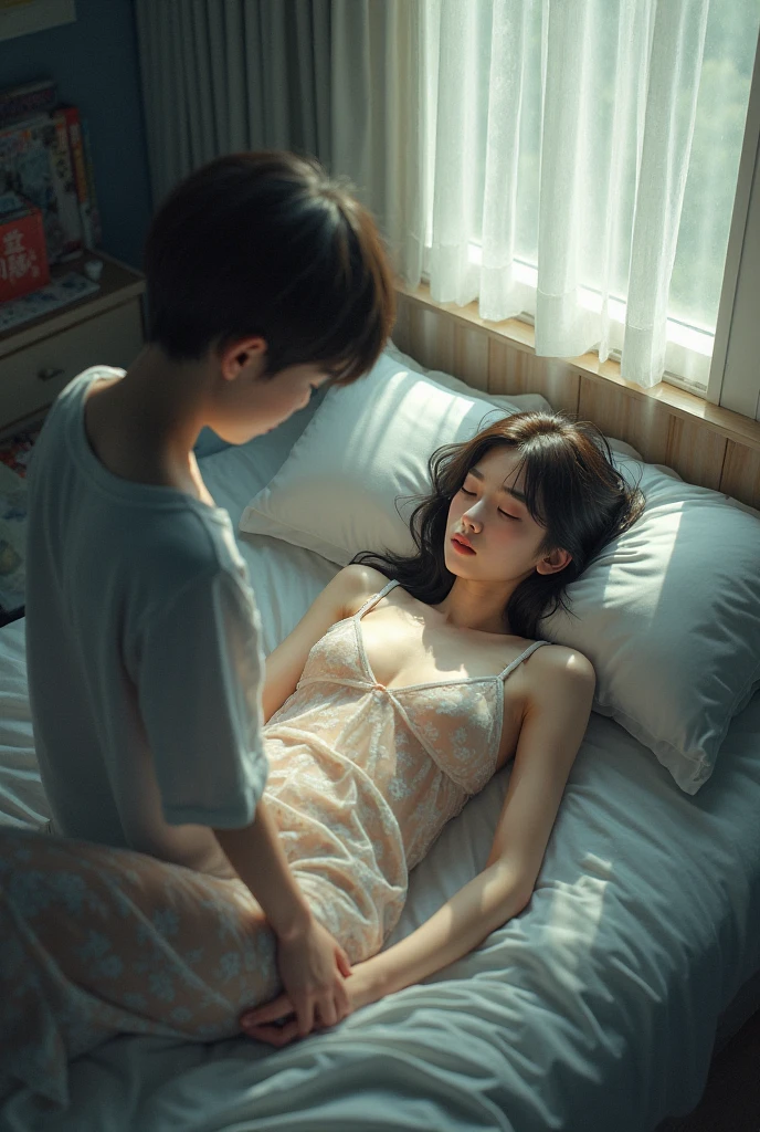A young woman with long, platinum hair, that fall softly on your shoulders, is sitting on the edge of a bed. She wears a white silk nightgown, which gently reflects the little light present in the environment. The woman is leaning slightly forward, with an expression of tenderness and concern on his face, while gently running her hand through her boyfriend's short, platinum hair.
The young man is sitting next to her, with slightly hunched shoulders, wearing a white button-down shirt, partially unbuttoned, revealing a bit of her chest. He seems to be in a moment of vulnerability, with eyes closed and an expression of sadness or tiredness.
The scene is shrouded in darkness, with soft shadows that create an intimate and welcoming environment. The dim light, maybe from a distant lamp, partially illuminates the faces of the two, highlighting the emotional connection between them. The woman appears to be comforting the boy, offering you comfort and support at a difficult time."
