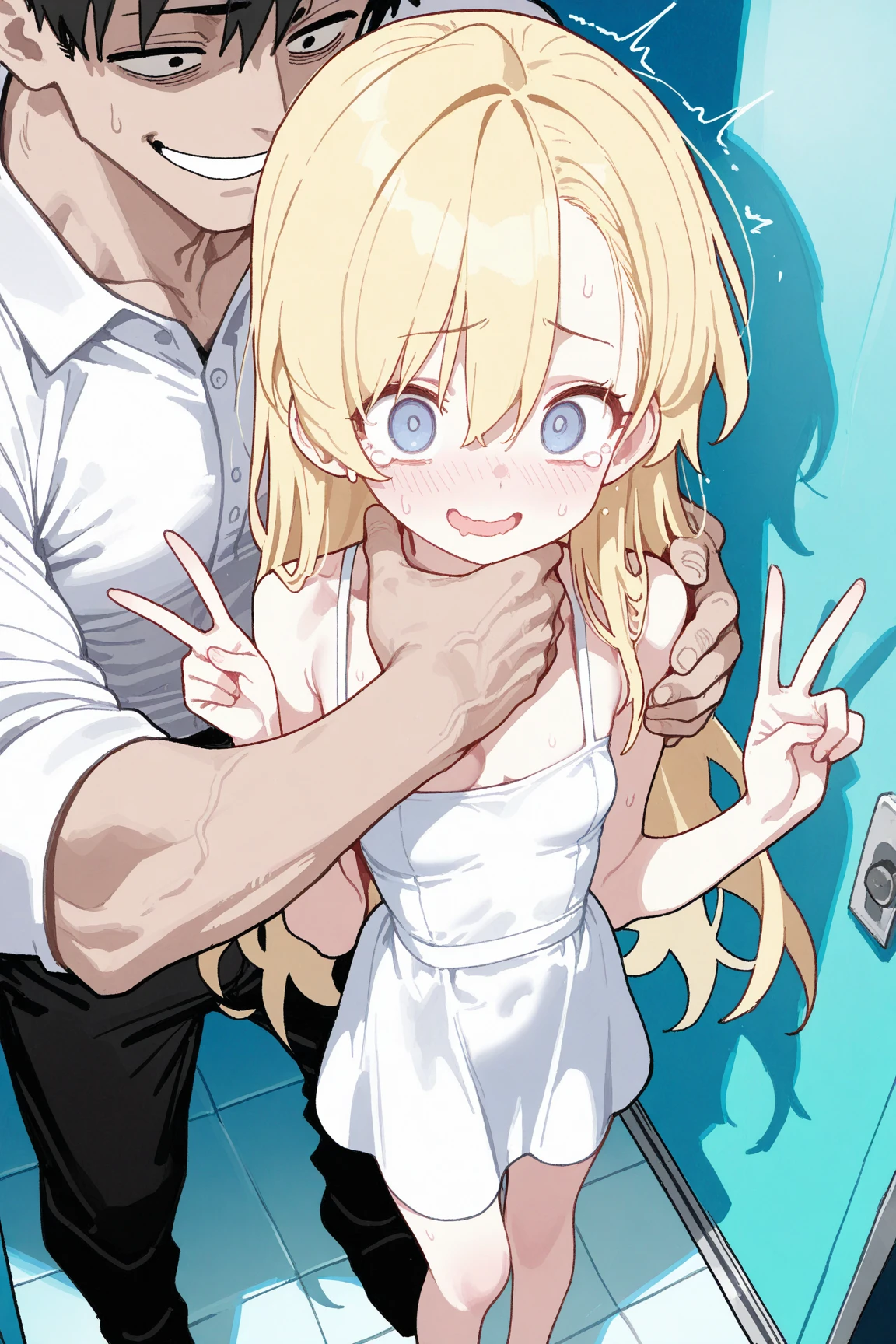 Small breasts、Blonde short、Red eyes、sundress,show off nipple,see through,double peace,Expressionless、Sex