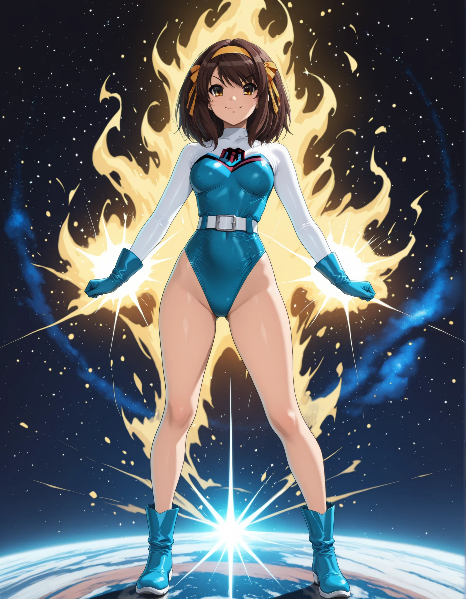 (masterpiece, best quality, high quality, highres:1.4), detailed, extremely detailed, ambient soft lighting, 4K, 1girl, 1girl, solo, solo focus, female superhero, medium breasts, leotard, red and blue leotard, boots, matching boots, gloves, matching gloves, brown hair, blue-grey eyes, full body, (legs straight). standing straight, hand on hips, outer space backdrop, bare legs, (power, aura, blue aura), full body costume design.