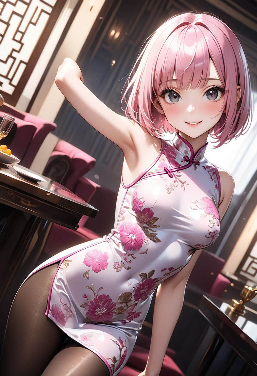 (top-quality: 1.3), (​masterpiece: 1.3), (Super Detail: 1.3), (wall-paper, one girls: 1.1), (Detailed hands and fingers:1.2)、(Detailed ultra-oily shiny skin:1.1)、([Wetty:0.8|MuCoi])、oily shiny thighhigh、(Perfect and beautiful pink cheongsam:1.2)、sexypose、Sit up、Pink hair、Shorthair、poneyTail、Beautiful sister、ssmile、(Chinatown:1.3)、fullllbody