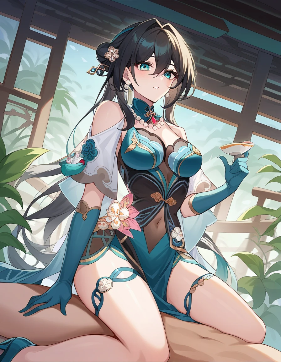 anime girl with long 2 pigtails hair, anime art, anime girl with black hair, shadowverse style, Using a white mixed blue Chinese dress, Kicking style, in the bamboo tree, masterpiece