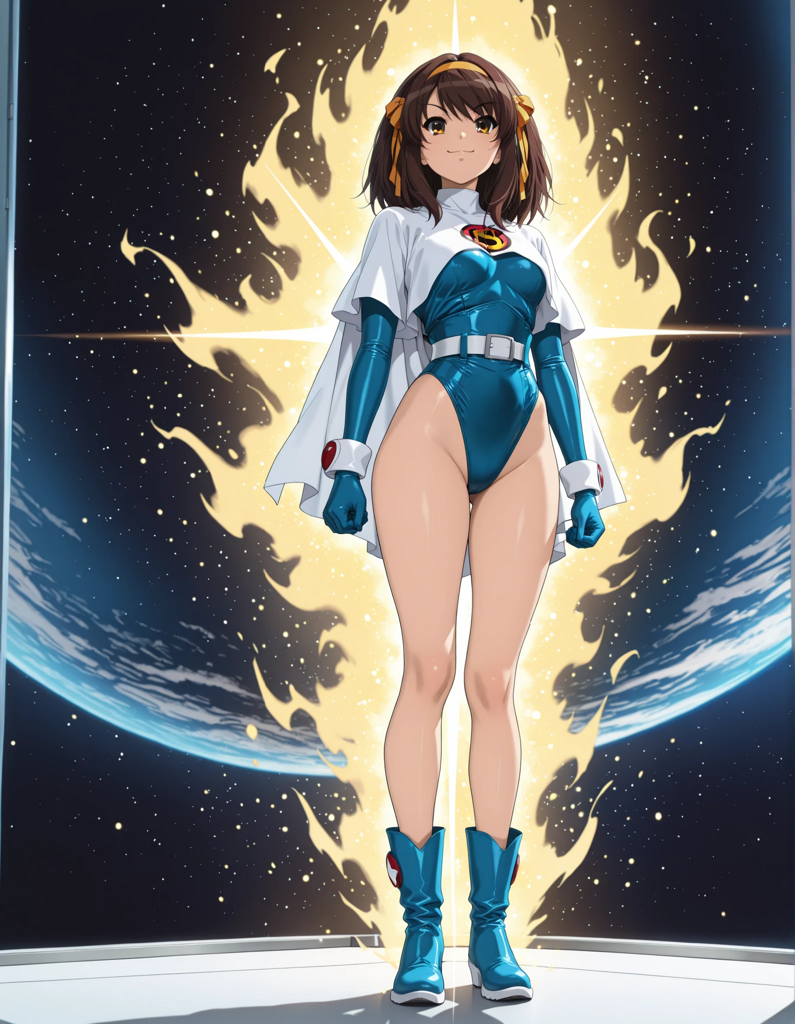 Masterpiece, best quality, high res, 8k, solo, solo focus, 1girl, sysdeep_haruhi, suzumiya haruhi as a superhero, (blue highleg leotard with white accents), (high waisted belt:1.4, tight belt:1.4), (bare legs:1.4), matching gloves, (matching boots, blue ankle boots:1.2), smile, standing straight, (her body glowing with a yellow aura:1.2), space background, diffraction spikes, light particles, fix hands, using her superpowers