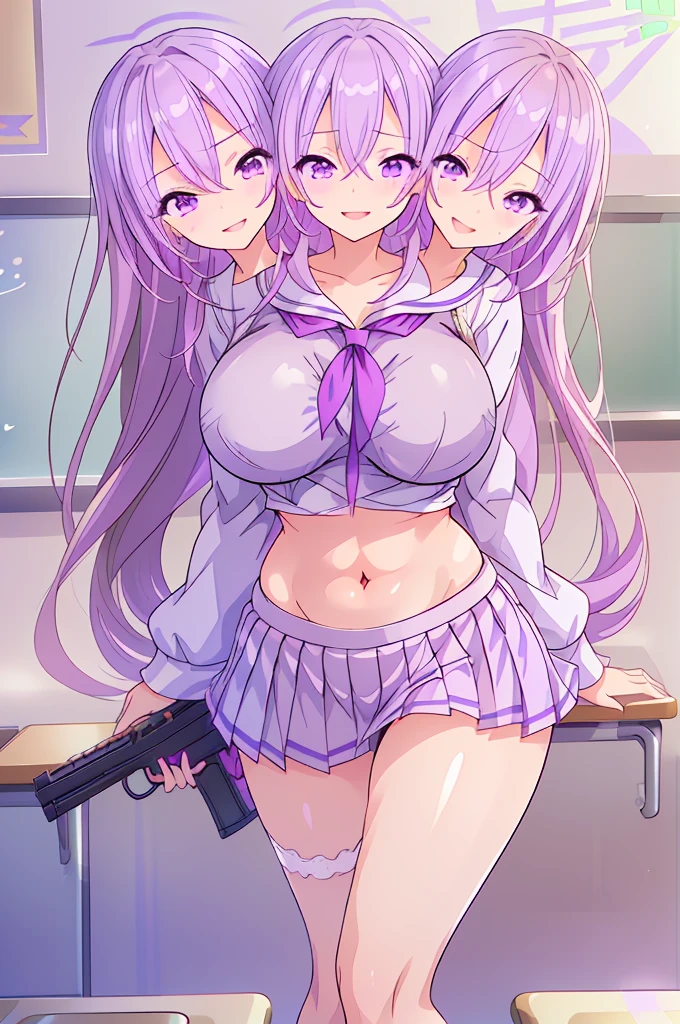 kura satomi, (3heads:1.5), (huge breasts:1.5 long hair, blush, lipstick, evil smile, masterpiece, best quality, highly detailed, a anime girls in sailor uniforms with a gun posing for a picture,
evil smile, smile, open mouth,black_serafuku, ecchi anime style, anime girls , (nsfw) not safe for work,
ecchi style, ecchi, shipgirls, digital anime art!!, high school girls, holding a gun, hold a gun, anime style 4
k, micro skirt, exposed belly, exposed navel, exposed midriff,
exposed lower belly,school, classroom