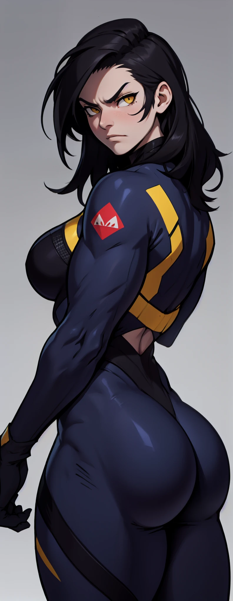 ((girl muscular thick)) pale skin black hair ultra detailed eyes huge large breasts toned body embarrassed blush very long hair skintight suit yellow eyes
