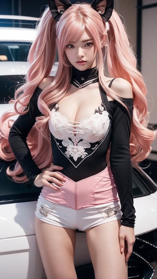 A cute Korean female singer, long pink hair, thin body, big ass, erotic black silk, delicate facial features, curly hair, big breasts, sitting on the hood of a black sports car, 8K picture quality, look at the audience,