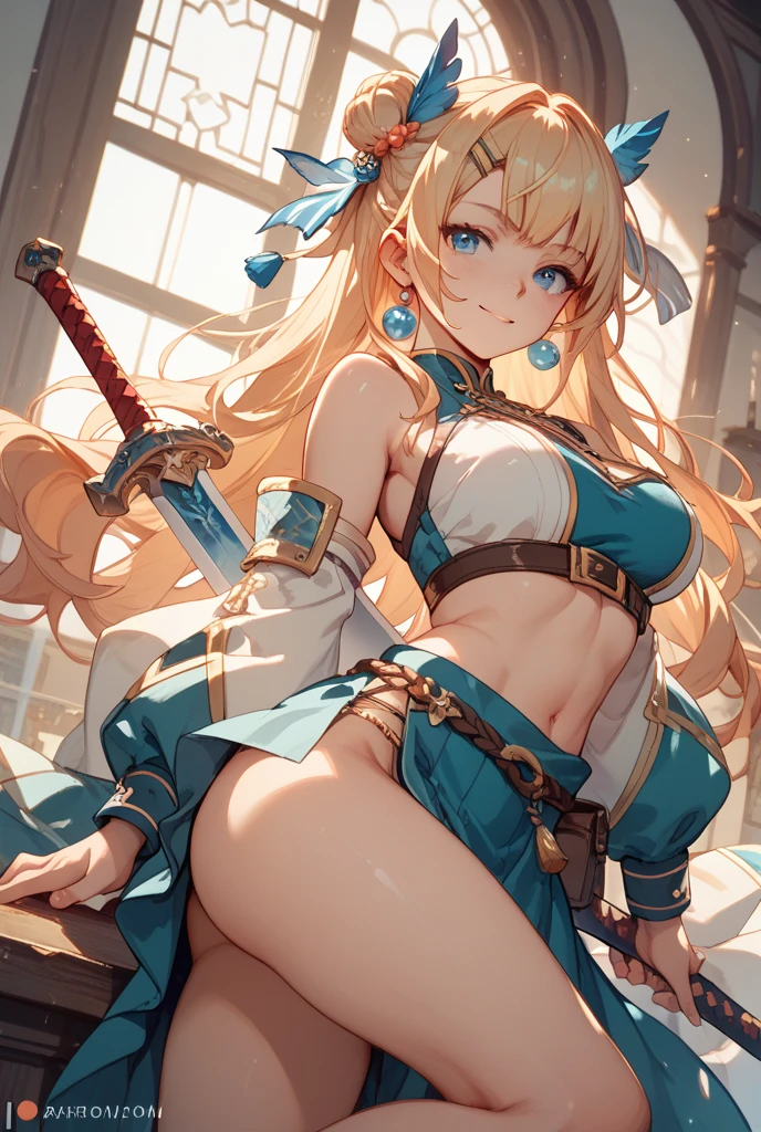 (Very detailed、Highest quality、Best image quality、masterpiece、8k)、(shoulder-length blonde hair:1.5、Medium Long Hair)、(smile、Open Mouth) 、(Hilarious)、(Big eyes)、(Beautiful and shining eyes)、(Detailed anime eyes)、(Puffy eyes)、(Big Breasts:1.8)、((SFW Huge Body:1.5))、(Wearing bikini armor:1.5、High leg T-back:1.5、Arm Armor、Leg armor:1.5、Waist belt:1.5)、(Cowboy Shot)、(Turn around and show your ass:1.5、Rear View:1.5)